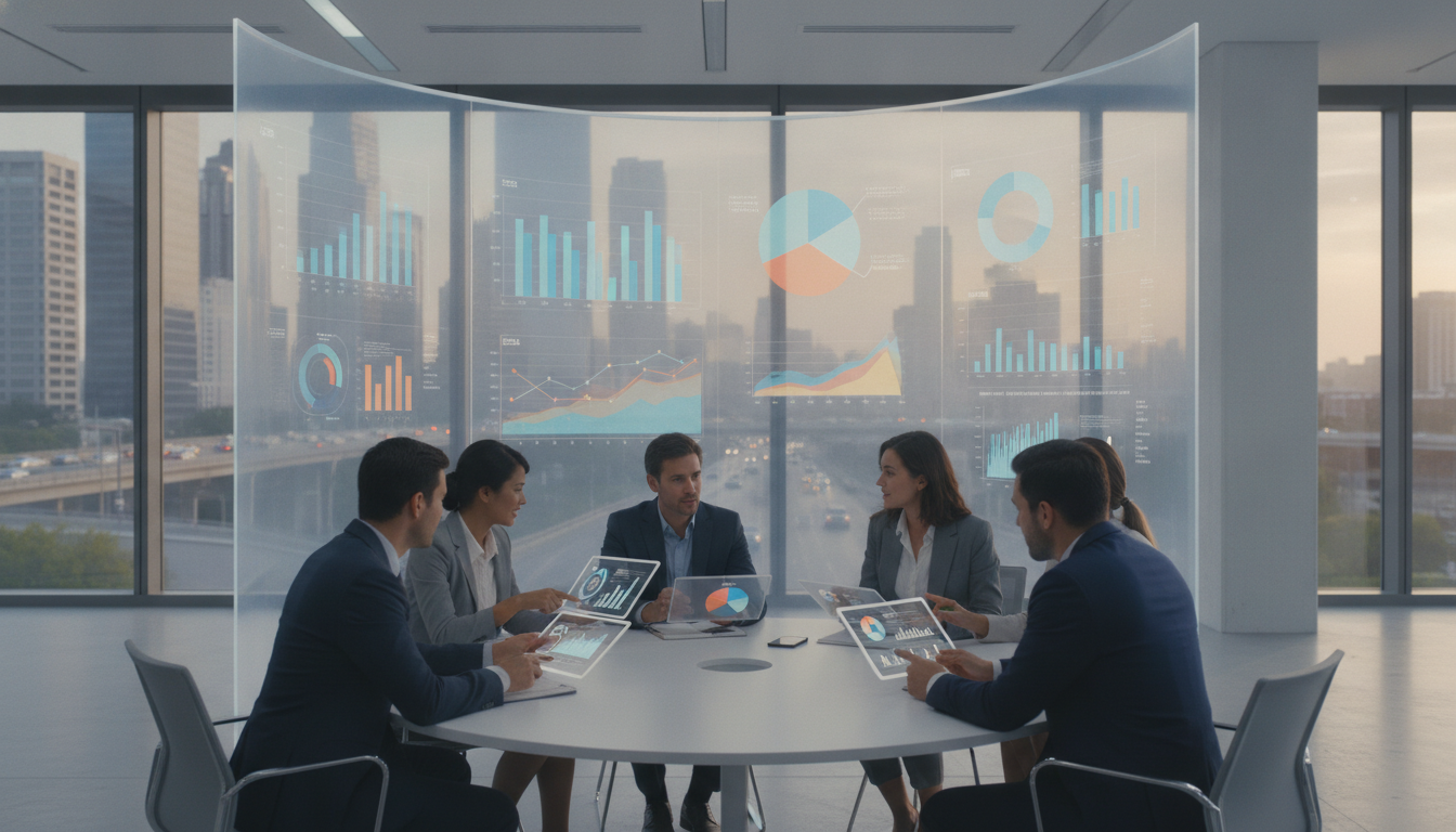 A modern office environment illuminated by soft, ambient lighting that creates a productive atmosphere. In the foreground, a diverse group of professionals in business attire are engaged in animated discussion, analyzing graphs and data on digital tablets. The middle ground features a high-tech screen displaying colorful charts and predictive analytics, symbolizing enhanced marketing insights. In the background, large windows reveal a bustling cityscape, suggesting a dynamic market. The composition is shot from a slightly elevated angle, adding depth and perspective, while the color palette is bright and optimistic, conveying a sense of innovation and forward-thinking. The overall mood is collaborative and ambitious, capturing the essence of transformative insights in marketing campaigns.