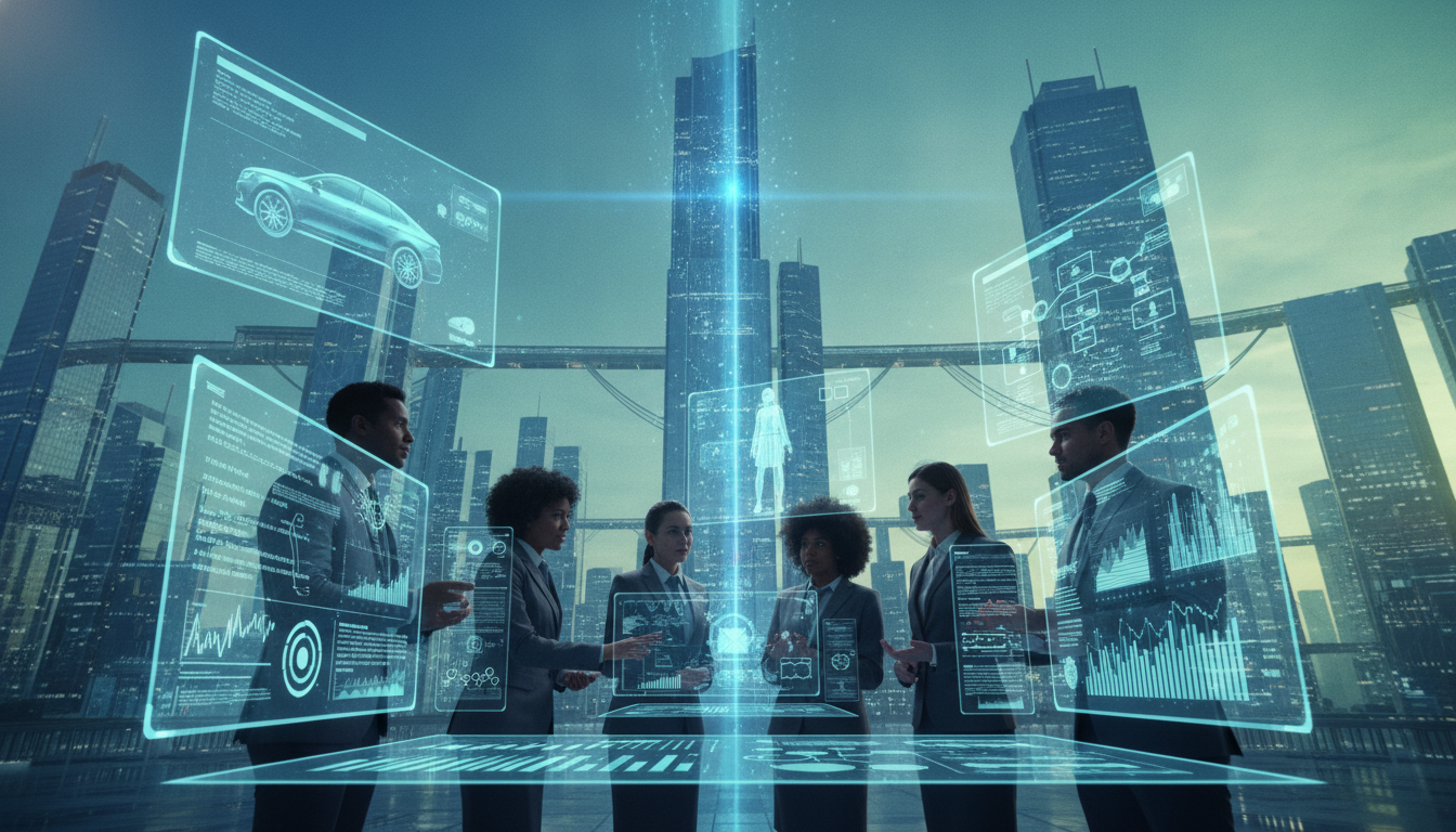 A futuristic, high-tech digital marketing landscape showcasing enhanced AI at work. In the foreground, a diverse group of professionals in smart business attire collaborates around a large touchscreen display filled with dynamic data visualizations and analytics. The middle ground features sleek holographic advertisements and virtual product showcases, highlighting AI-driven marketing strategies. The background includes a panoramic cityscape of modern skyscrapers, symbolizing technological advancement. Soft blue and green lighting creates a vibrant, energetic atmosphere, while the angle of view captures an upward perspective, emphasizing growth and innovation. The overall mood is optimistic and forward-thinking, reflecting the transformative impact of AI on online marketing practices.